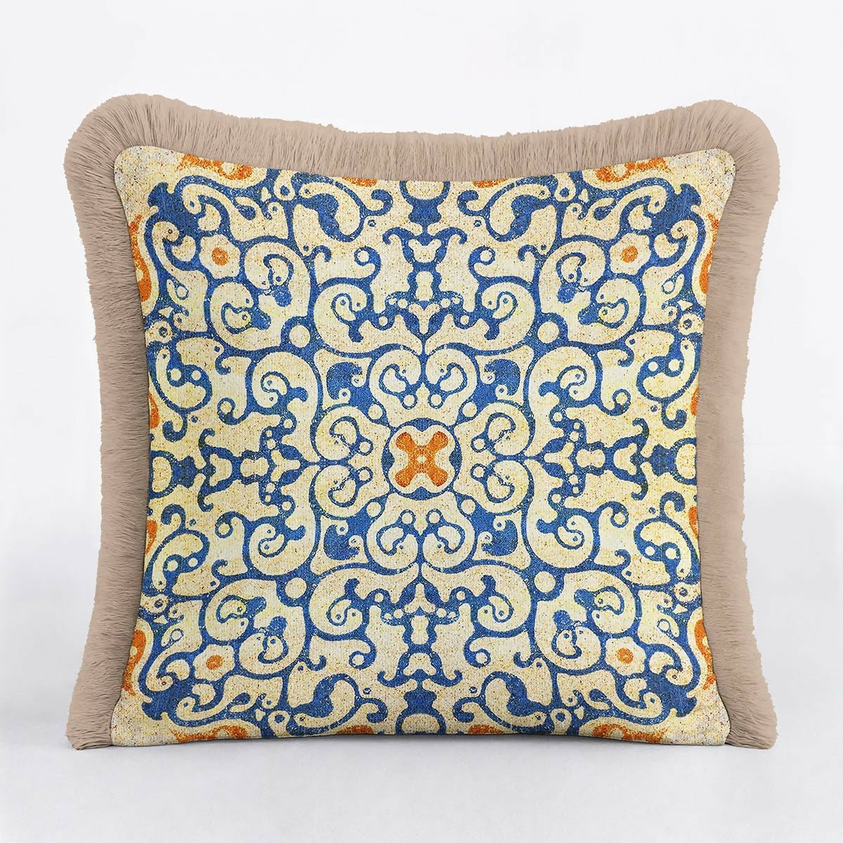 Blue and Gold Fringed Cushion Cover Set of 2– Geometric Ornament Tasselled Throw Pillow Cover - Wear Sierra