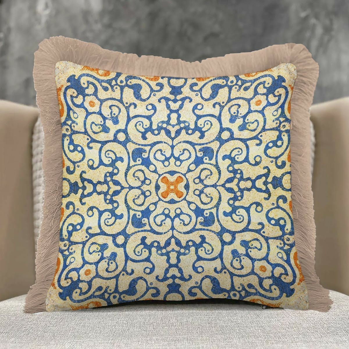 Blue and Gold Fringed Cushion Cover Set of 2– Geometric Ornament Tasselled Throw Pillow Cover - Wear Sierra