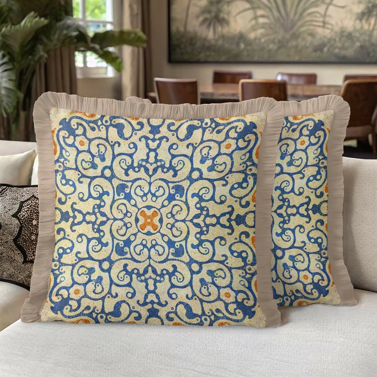 Blue and Gold Fringed Cushion Cover Set of 2– Geometric Ornament Tasselled Throw Pillow Cover - Wear Sierra