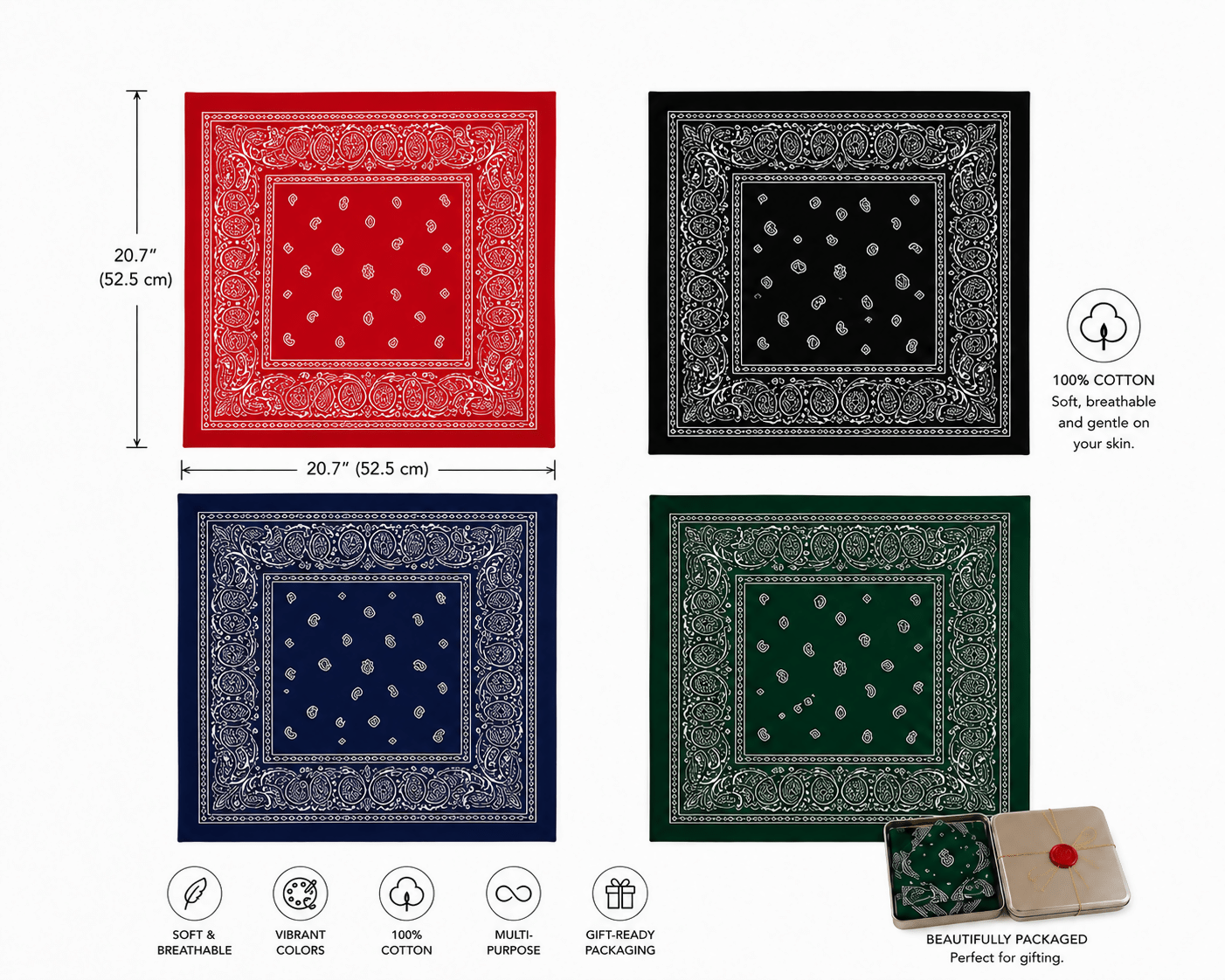 Boxed Cotton Scarf Collection – 4-Piece Paisley Bandana Set - Wear Sierra