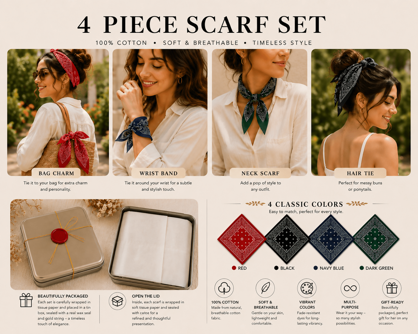 Boxed Cotton Scarf Collection – 4-Piece Paisley Bandana Set - Wear Sierra