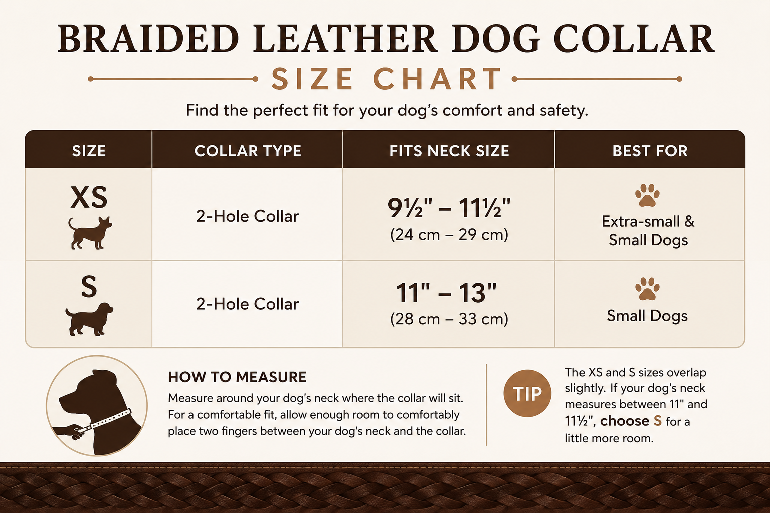 Braided Leather Dog Collar – Adjustable, Durable Leather Collar for Toy Breed Dogs