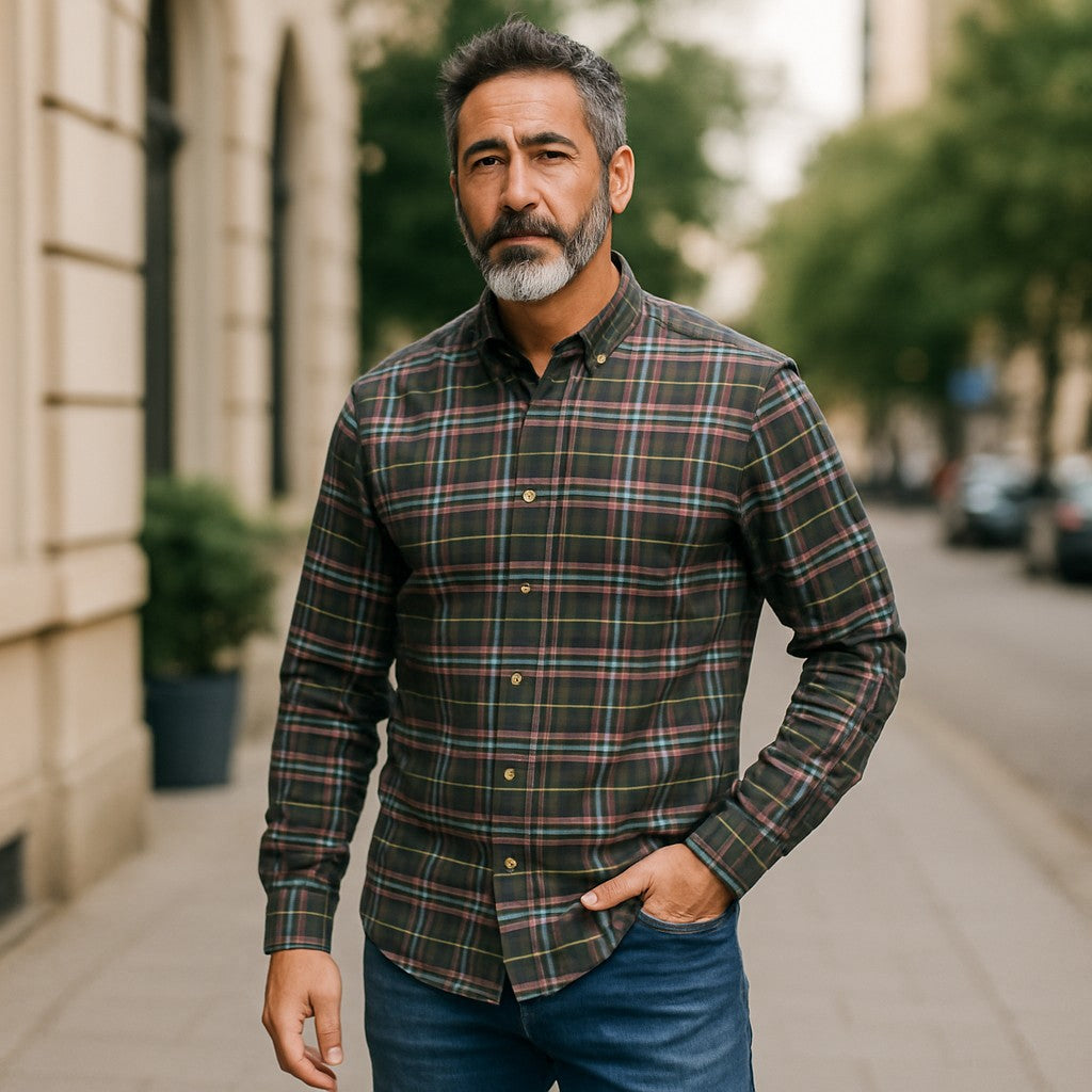 Wear Sierra Top Shelf Men's Cotton Long Sleeve Button Down Shirts in Brown & Green Plaid