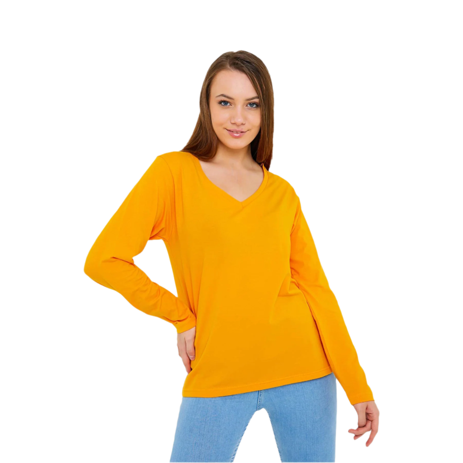 Woman in mustard V-neck shirt