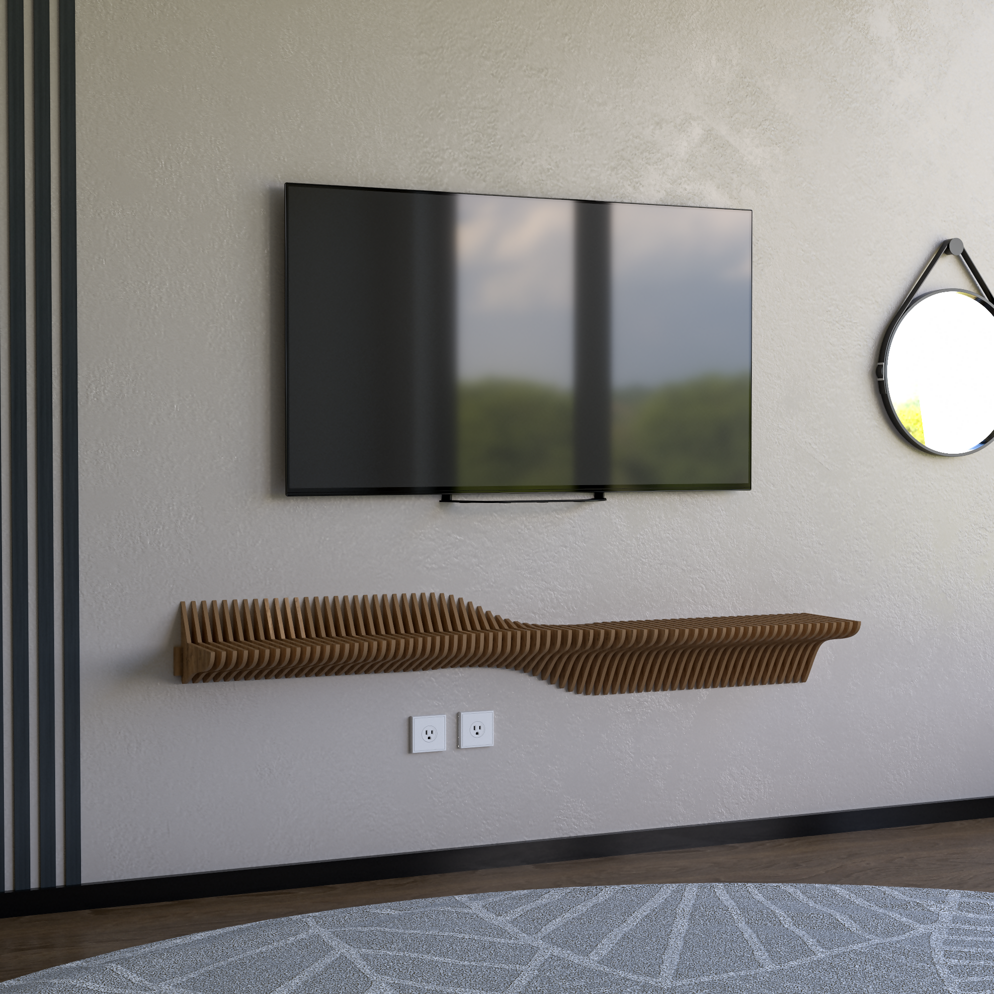 BATAMEX Parametric 60 inch Floating Shelf TV Unit Modern Geometric Wooden Wall Piece Decor Natural Oak Color 3D Wavy Living and Gaming Room Shelf