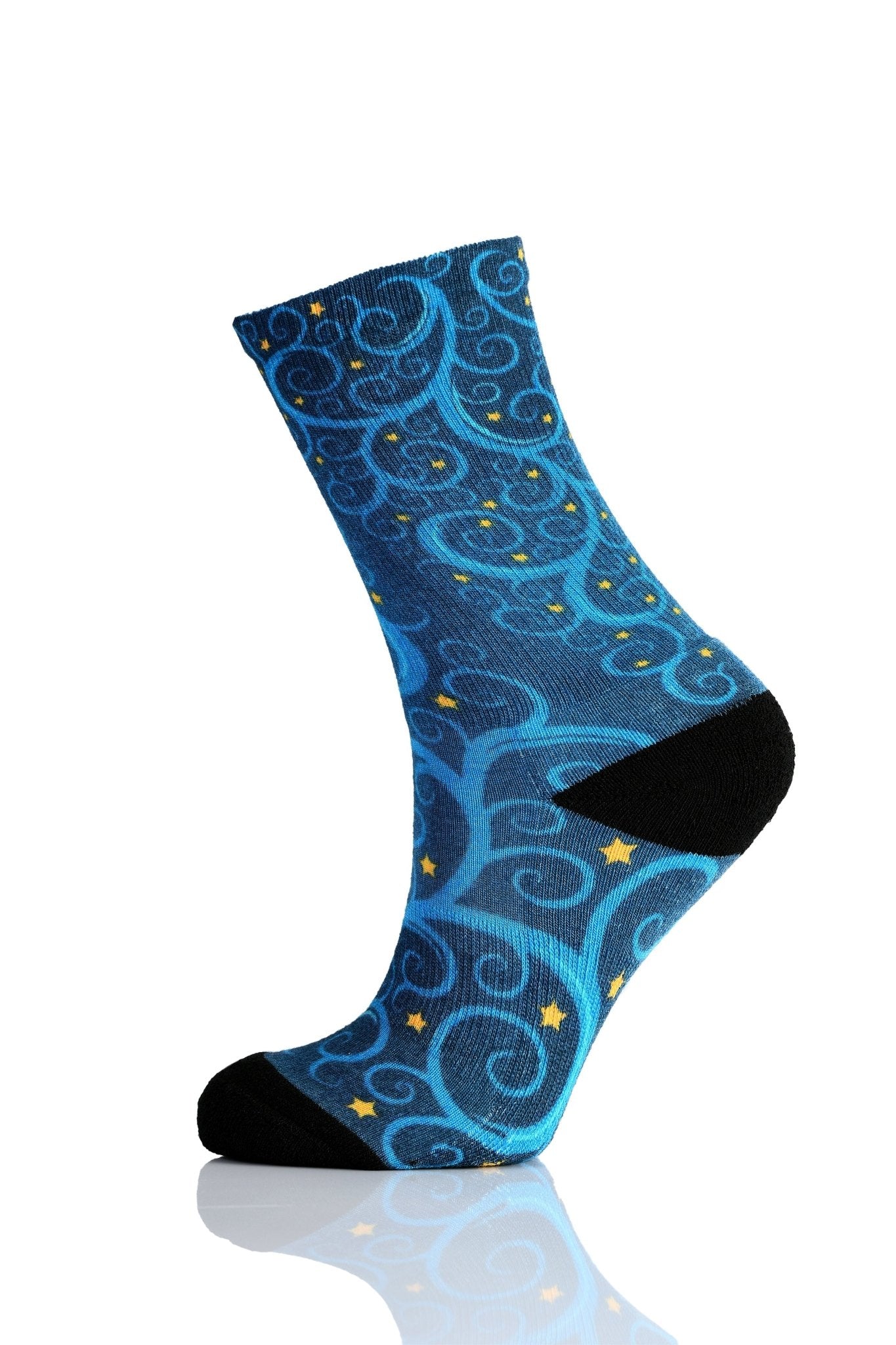 Christmas and Hanukkah Holiday Colorful CoolMax Crew Socks for Men & Women - Blue Tree Gold Stars - Wear Sierra