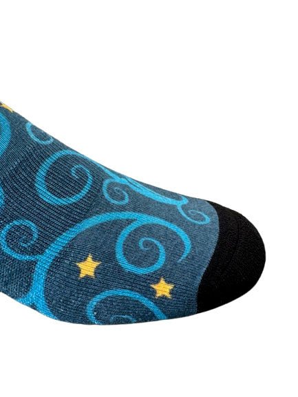 Christmas and Hanukkah Holiday Colorful CoolMax Crew Socks for Men & Women - Blue Tree Gold Stars - Wear Sierra