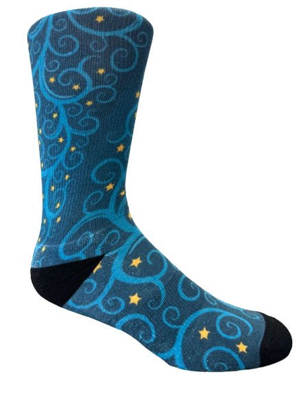 Christmas and Hanukkah Holiday Colorful CoolMax Crew Socks for Men & Women - Blue Tree Gold Stars - Wear Sierra