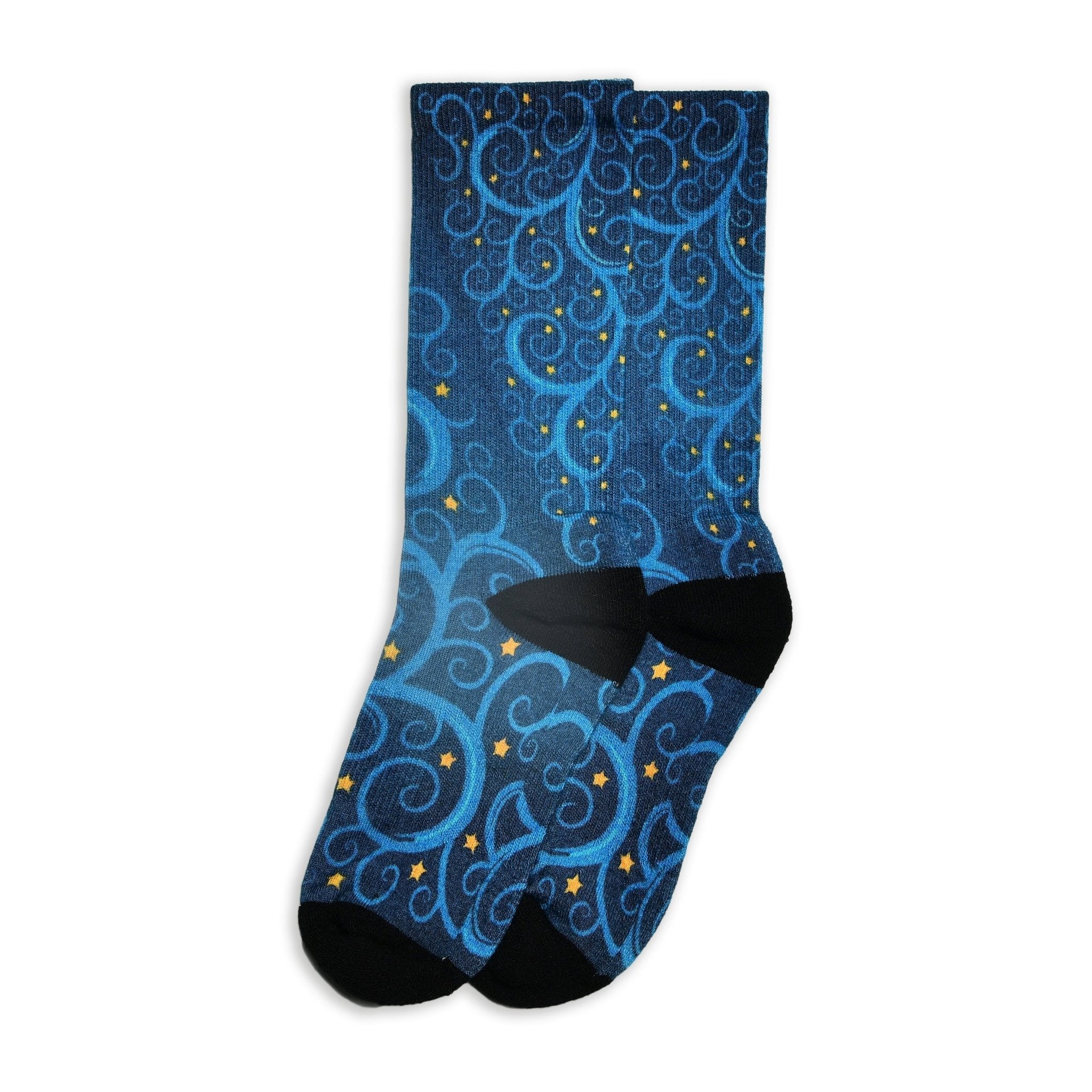 Christmas and Hanukkah Holiday Colorful CoolMax Crew Socks for Men & Women - Blue Tree Gold Stars - Wear Sierra