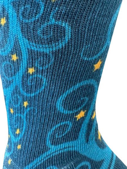 Christmas and Hanukkah Holiday Colorful CoolMax Crew Socks for Men & Women - Blue Tree Gold Stars - Wear Sierra