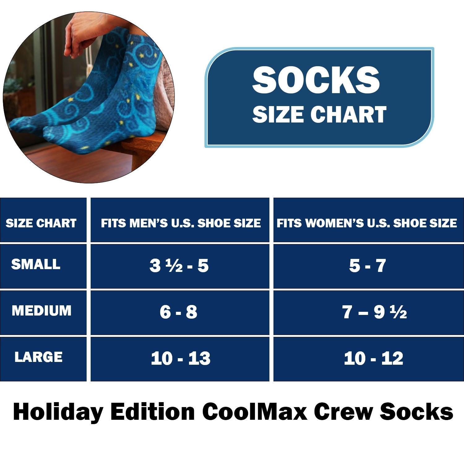 Christmas and Hanukkah Holiday Colorful CoolMax Crew Socks for Men & Women - Blue Tree Gold Stars - Wear Sierra