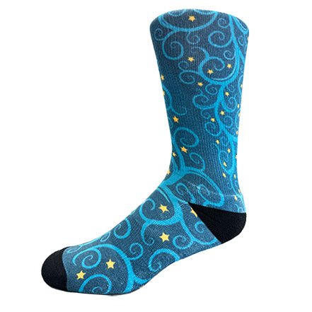Christmas and Hanukkah Holiday Colorful CoolMax Crew Socks for Men & Women - Blue Tree Gold Stars - Wear Sierra