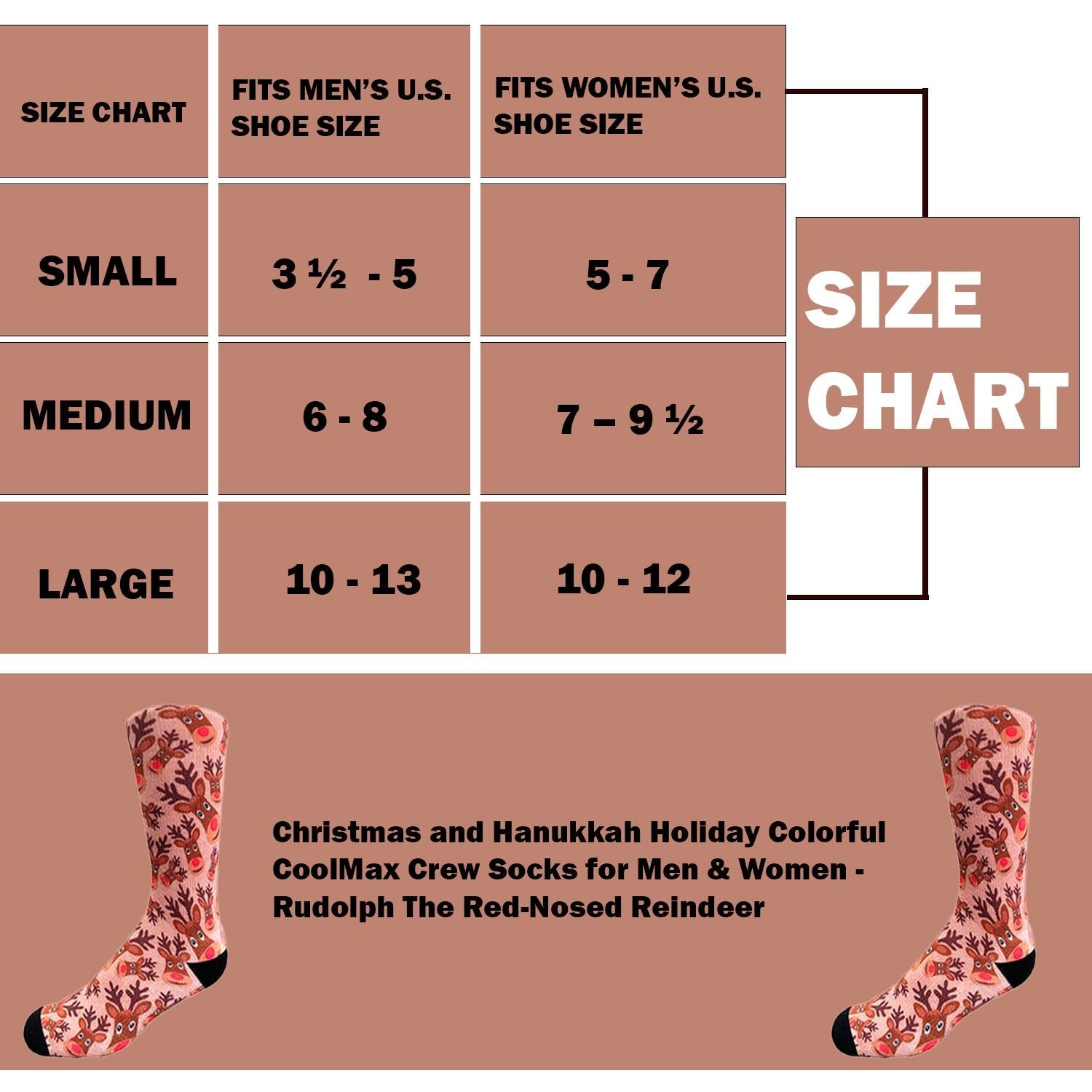 Christmas and Hanukkah Holiday Colorful CoolMax Crew Socks for Men & Women - Rudolph The Red-Nosed Reindeer - Wear Sierra