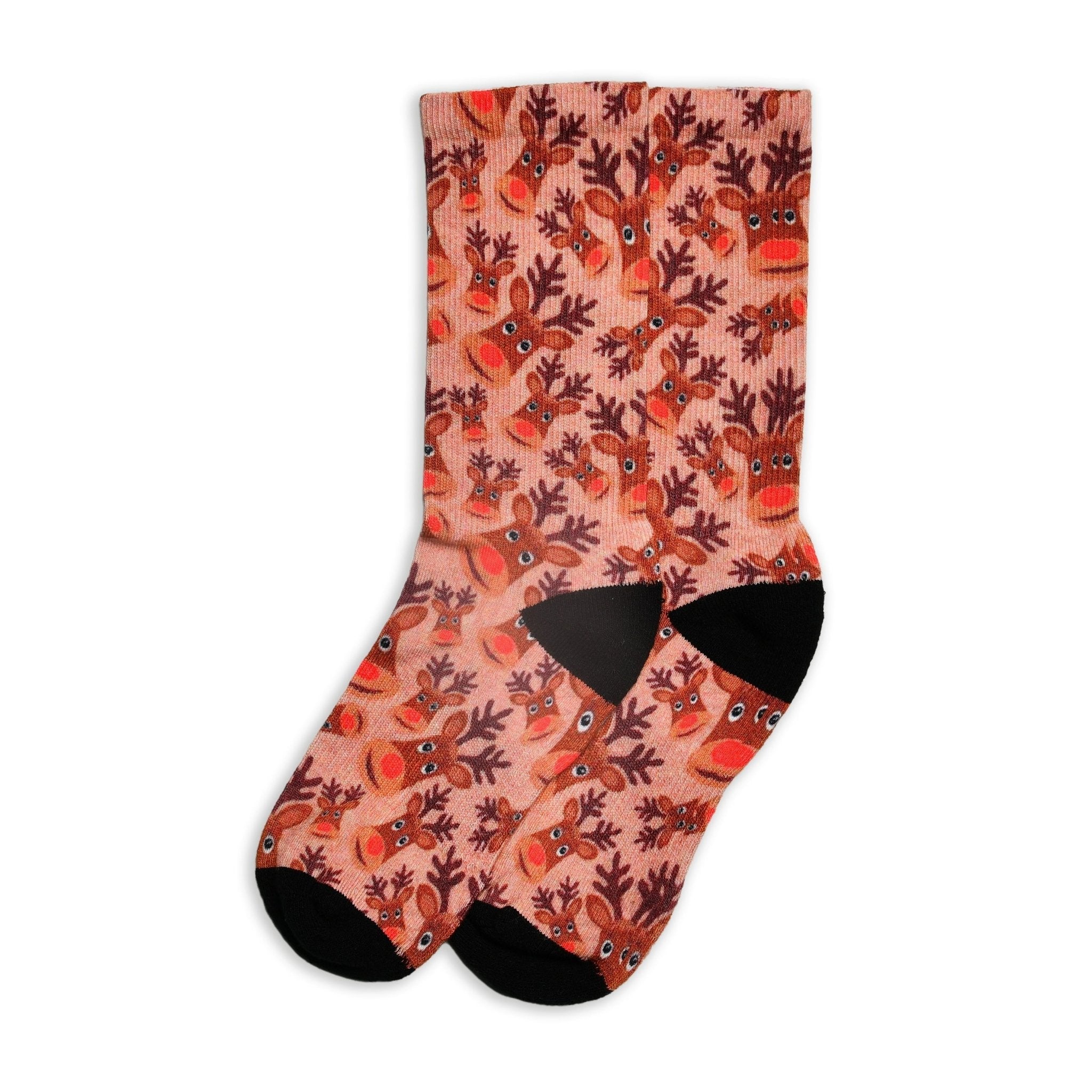Christmas and Hanukkah Holiday Colorful CoolMax Crew Socks for Men & Women - Rudolph The Red-Nosed Reindeer - Wear Sierra