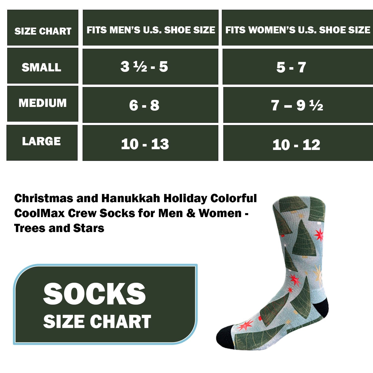 Christmas and Hanukkah Holiday Colorful CoolMax Crew Socks for Men & Women - Trees and Stars - Wear Sierra