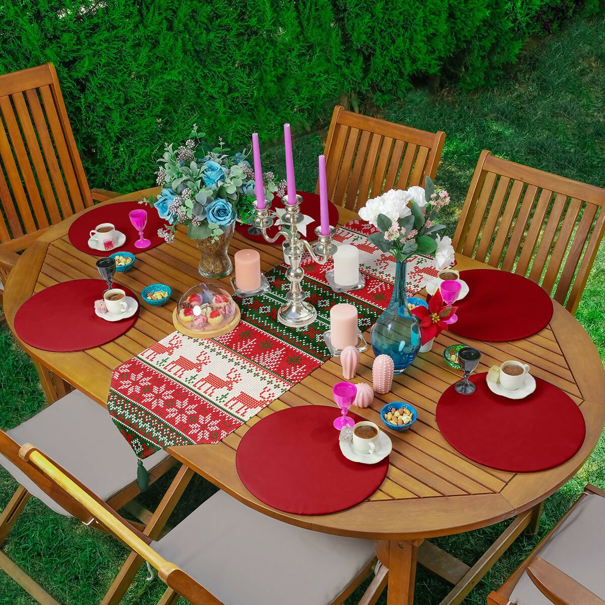 Christmas and Holiday Round Placemat and Runner 7-Piece Set, Perfect for Holiday Dinners, Christmas Table Decoration - Wear Sierra