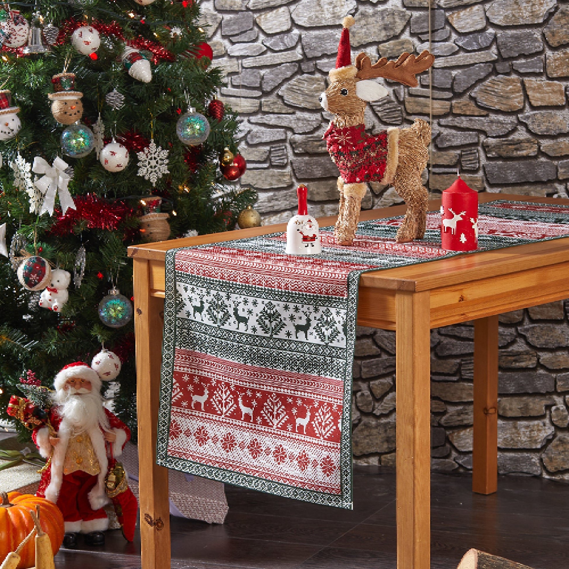 Christmas Deer Table Runner in Festive Red and Green Pattern - Wear Sierra