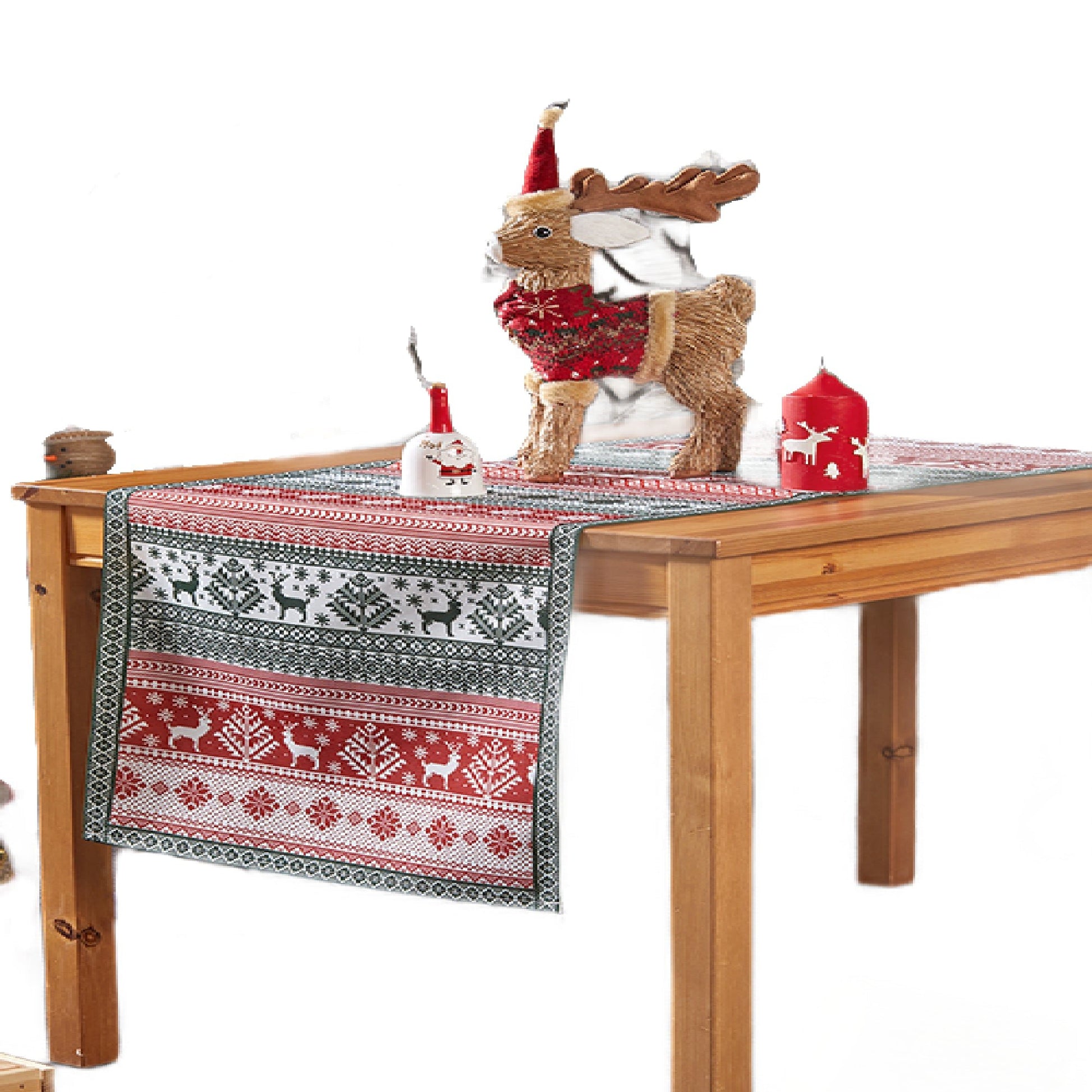 Christmas Deer Table Runner in Festive Red and Green Pattern - Wear Sierra