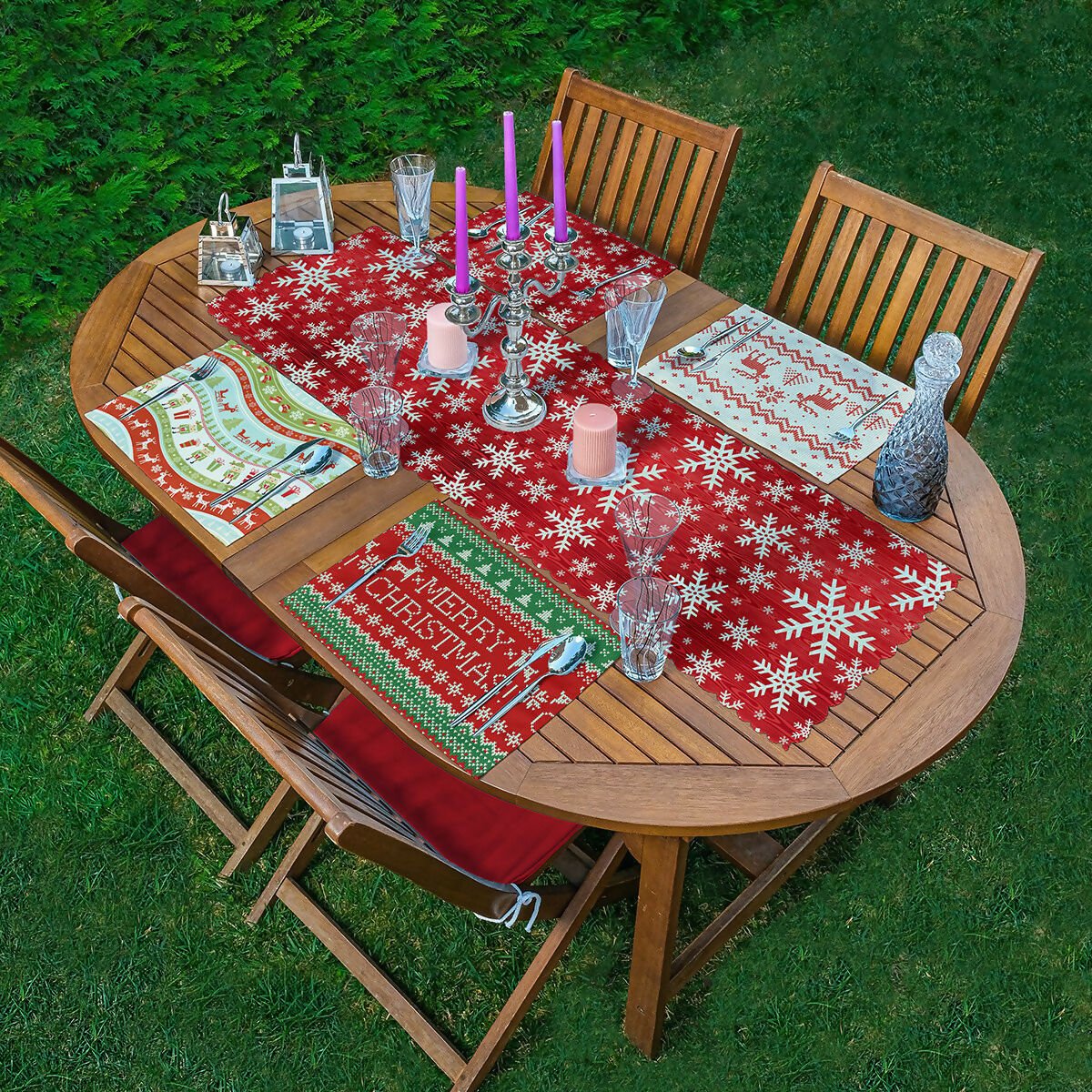 Christmas Table Runner and Placemat Set – Holiday Dining Decor with Placemats, Red and Green Christmas Table Decoration, 5-Piece Set – Perfect for Holiday Dinners & Parties - Wear Sierra