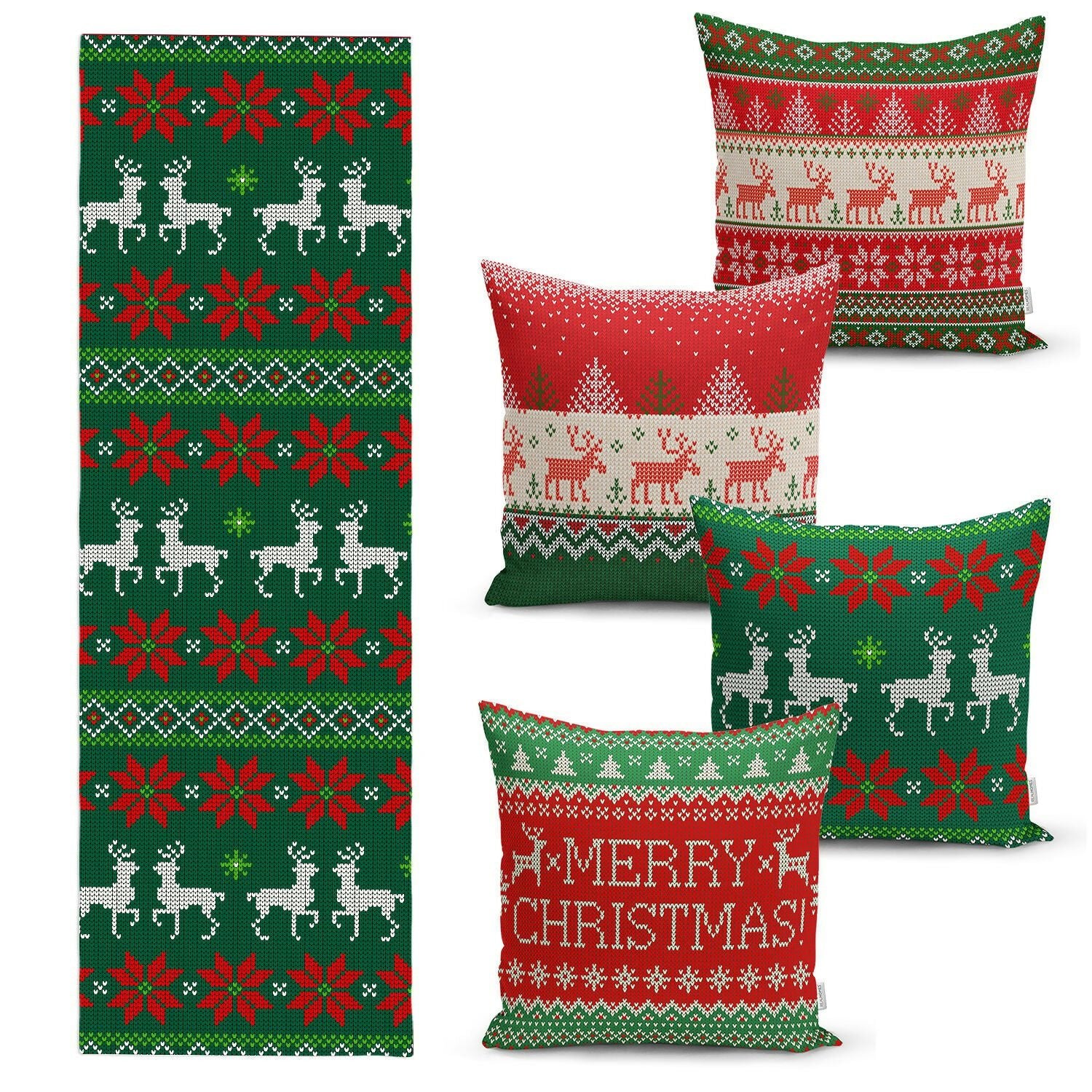 Christmas Table Runner and Throw Pillow Covers – Decorative 5-Piece Set for Holiday Dining or Living Room - Wear Sierra