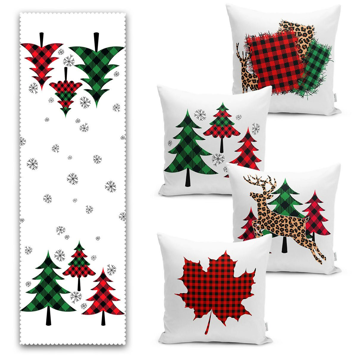 Christmas Table Runner and Throw Pillow Covers – Decorative 5-Piece Set for Holiday Dining or Living Room - Wear Sierra