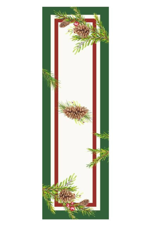 Christmas Table Runner in Classic Red & Green Pinecone Greenery Design - Wear Sierra