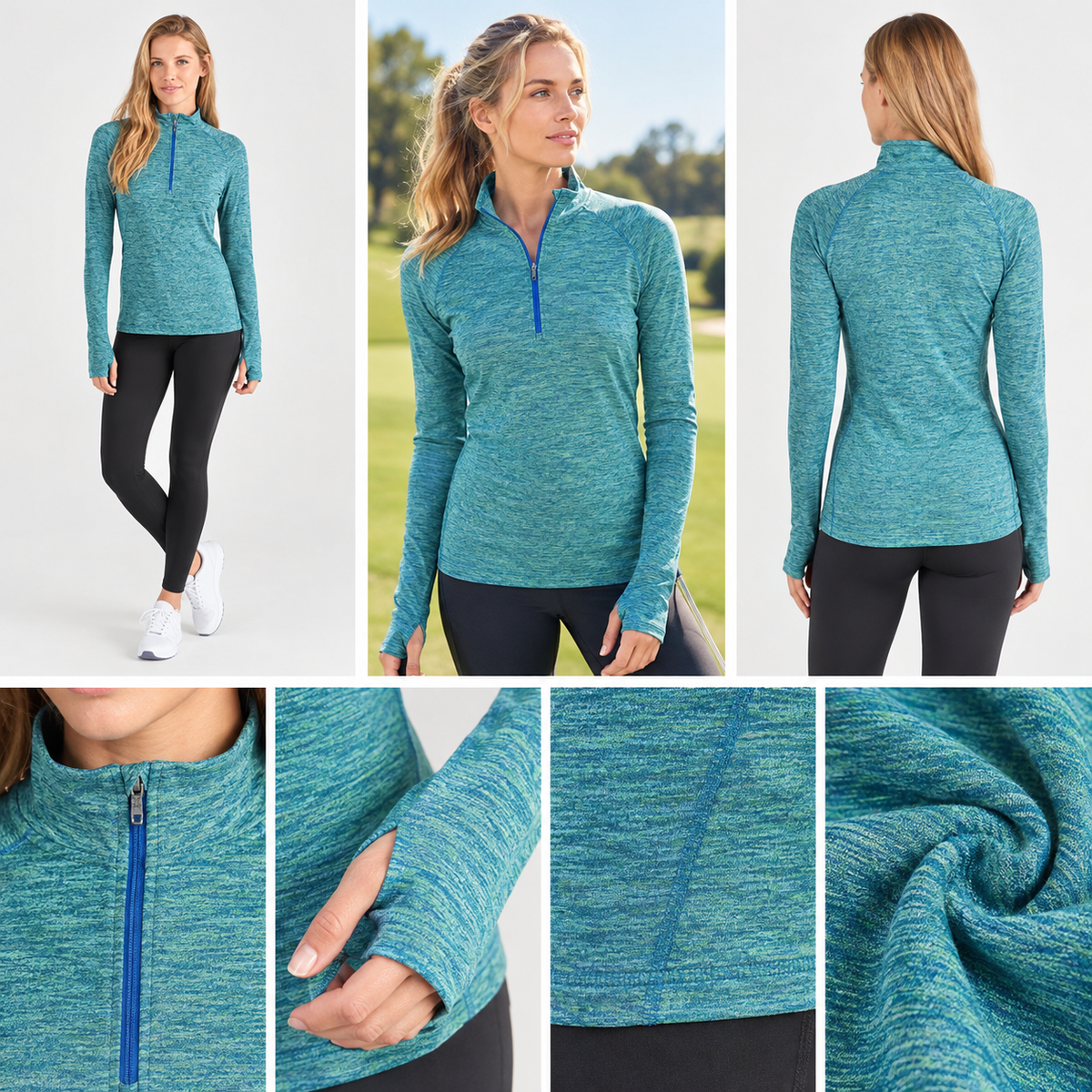 Women's Teal Heathered Quarter-Zip Athletic Pullover with Thumbholes