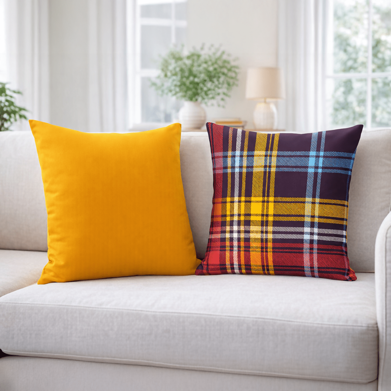 Colorful & Vibrant Home Decor - Pillow Covers Set of 2, Solid + Plaid Design - Wear Sierra
