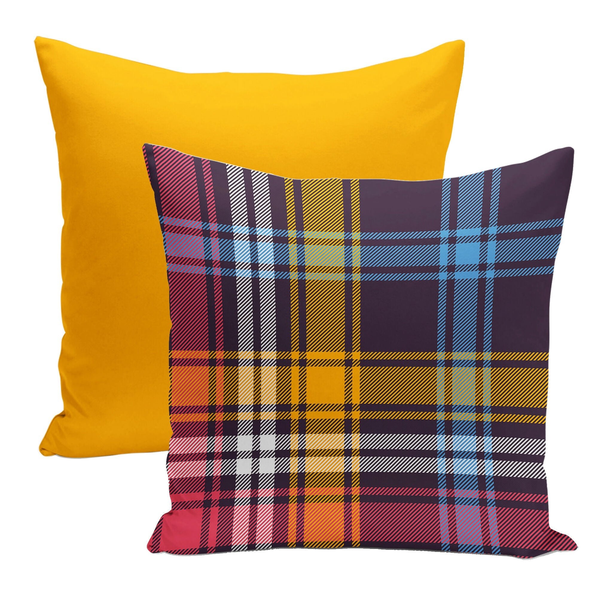 Colorful & Vibrant Home Decor - Pillow Covers Set of 2, Solid + Plaid Design - Wear Sierra