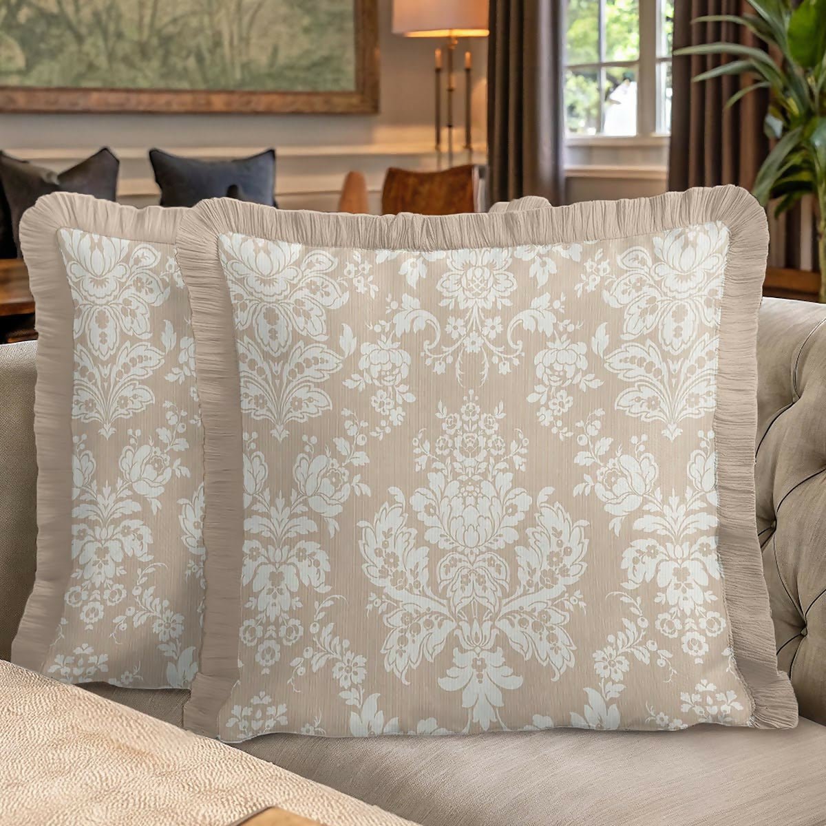 Cream Floral Baroque Fringed Cushion Cover Set of 2| Luxury Beige Ethnic Tasselled Throw Pillow - Wear Sierra