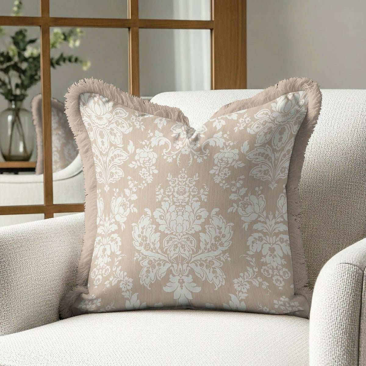 Cream Floral Baroque Fringed Cushion Cover Set of 2| Luxury Beige Ethnic Tasselled Throw Pillow - Wear Sierra