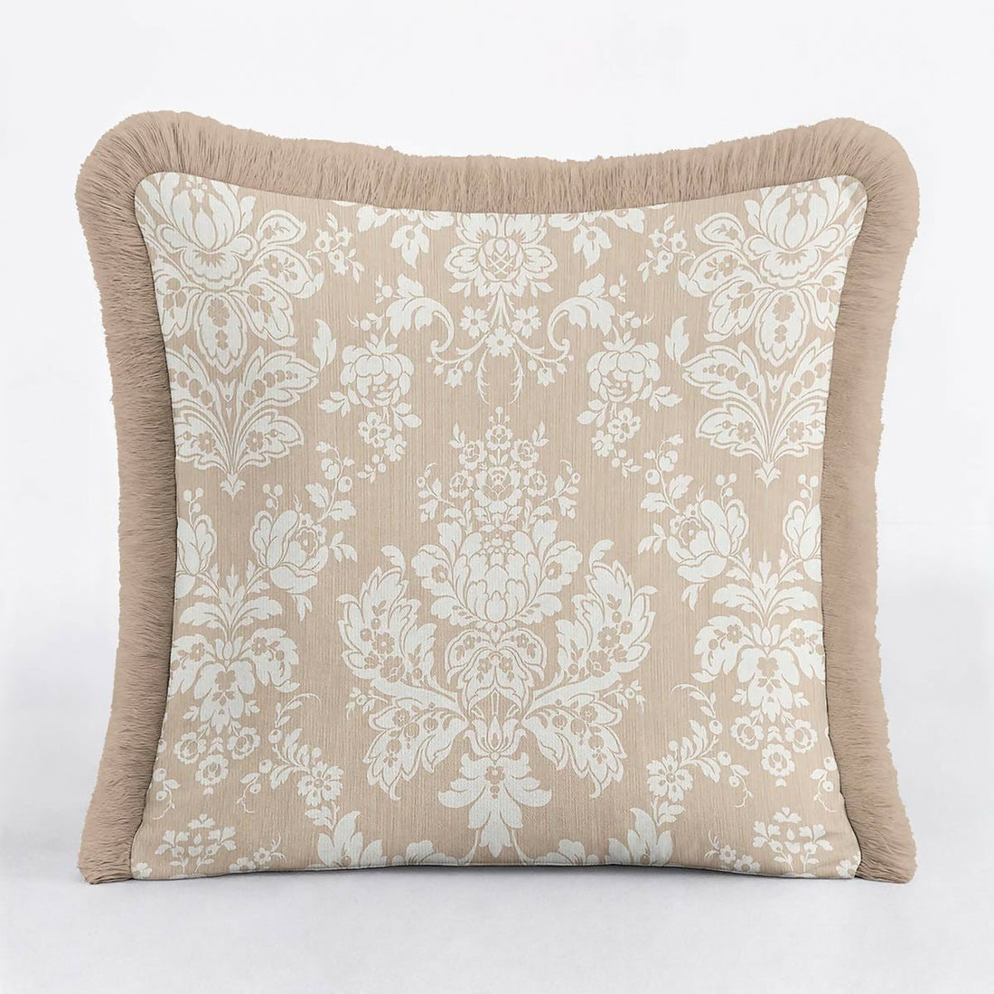 Cream Floral Baroque Fringed Cushion Cover Set of 2| Luxury Beige Ethnic Tasselled Throw Pillow - Wear Sierra