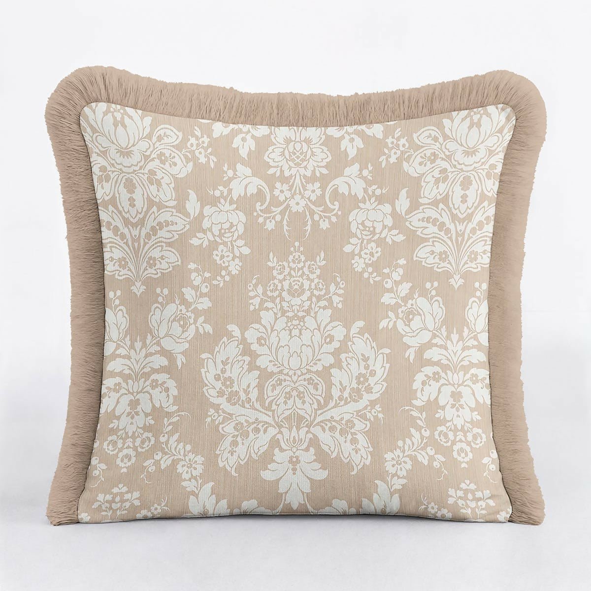 Cream Floral Baroque Fringed Cushion Cover Set of 2| Luxury Beige Ethnic Tasselled Throw Pillow - Wear Sierra