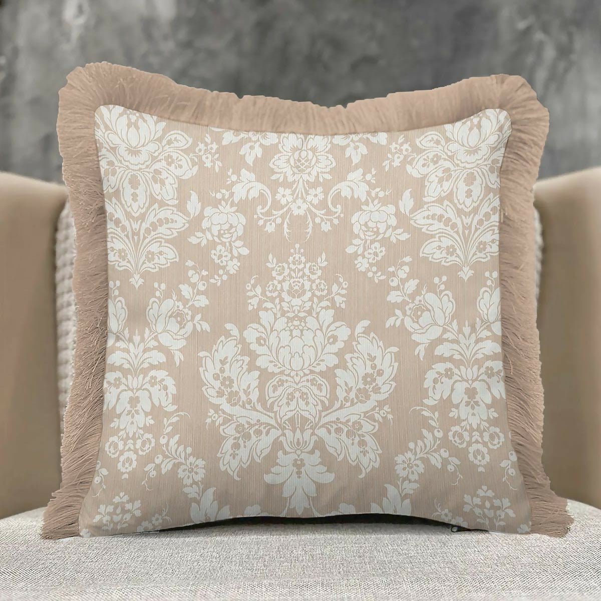 Cream Floral Baroque Fringed Cushion Cover Set of 2| Luxury Beige Ethnic Tasselled Throw Pillow - Wear Sierra