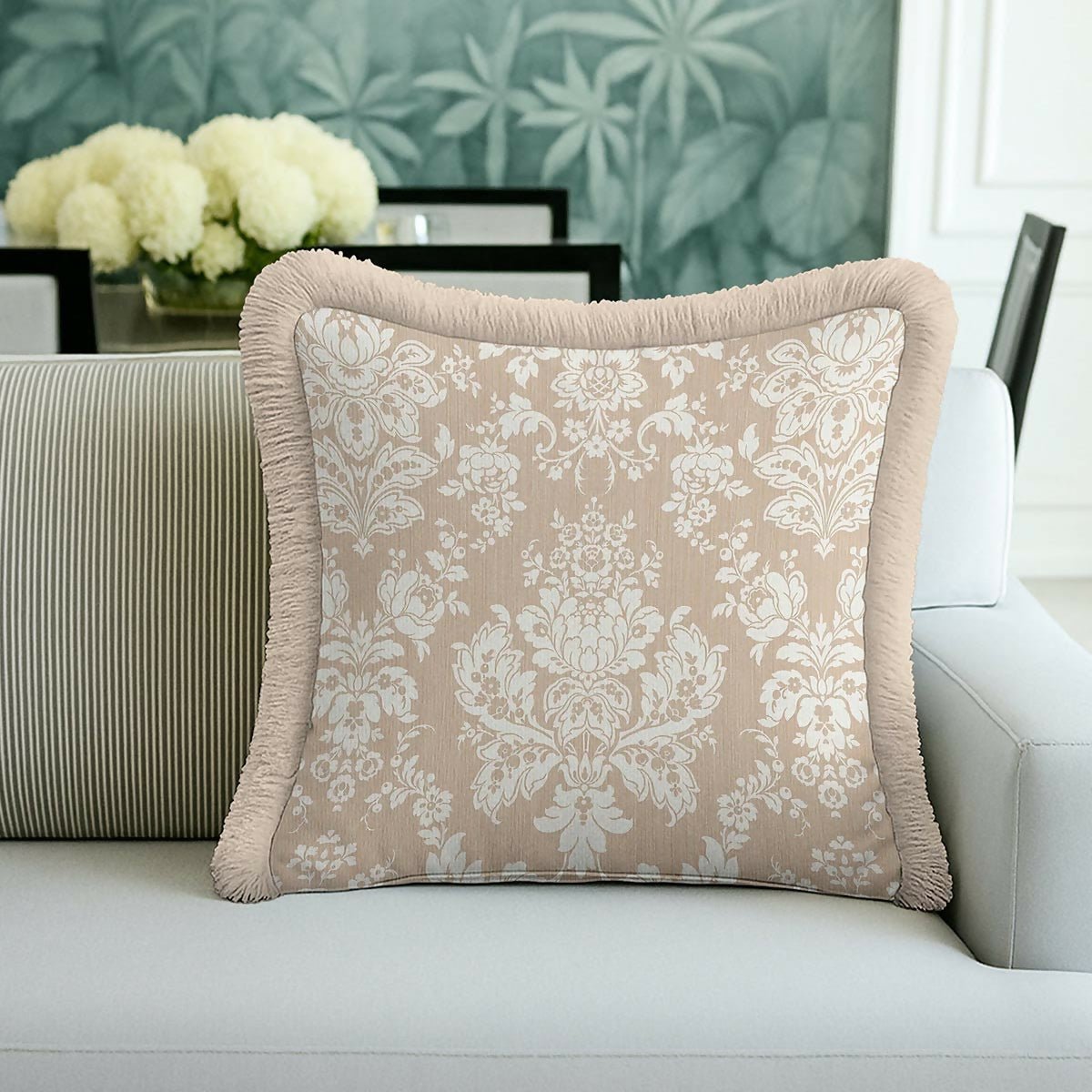 Cream Floral Baroque Fringed Cushion Cover Set of 2| Luxury Beige Ethnic Tasselled Throw Pillow - Wear Sierra