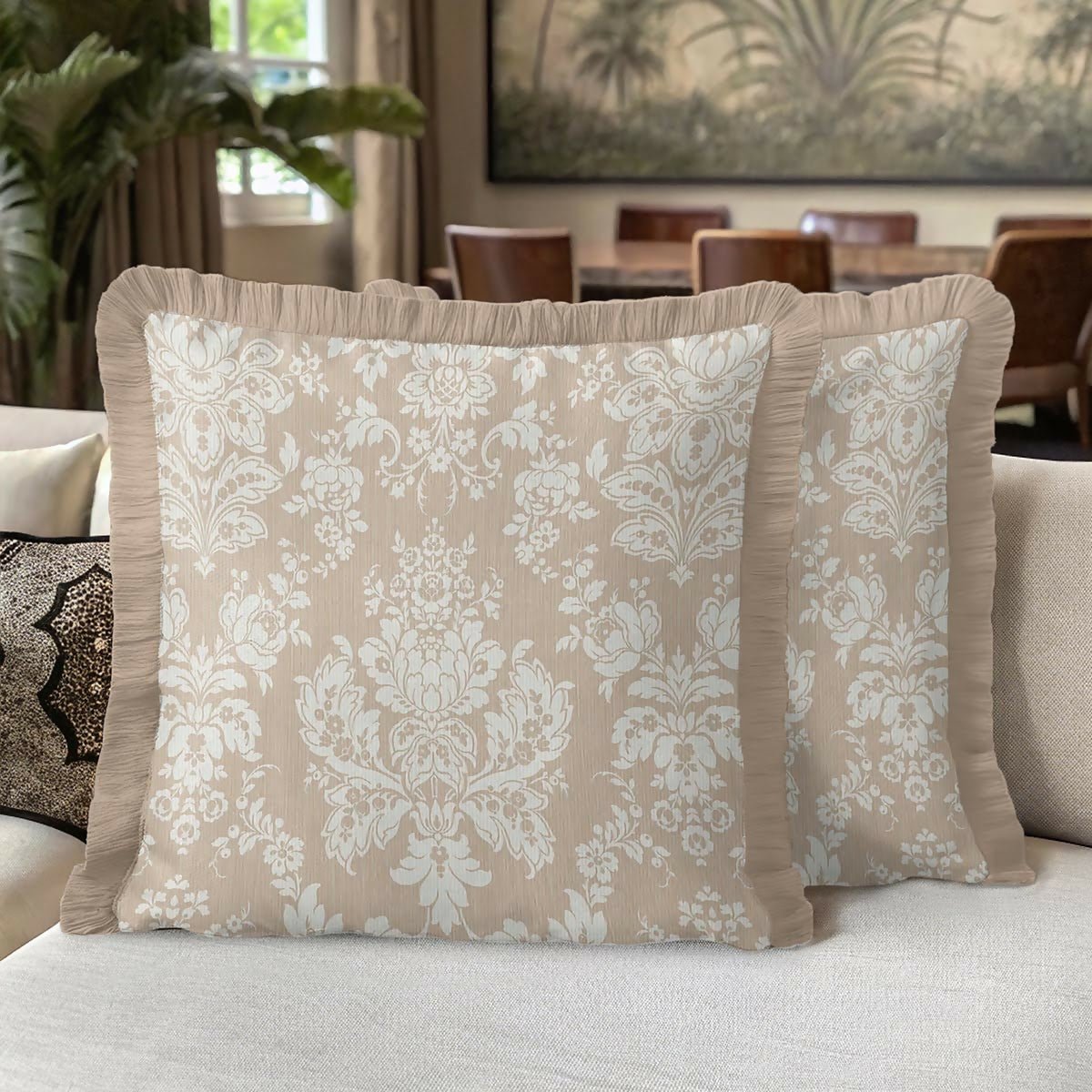 Cream Floral Baroque Fringed Cushion Cover Set of 2| Luxury Beige Ethnic Tasselled Throw Pillow - Wear Sierra
