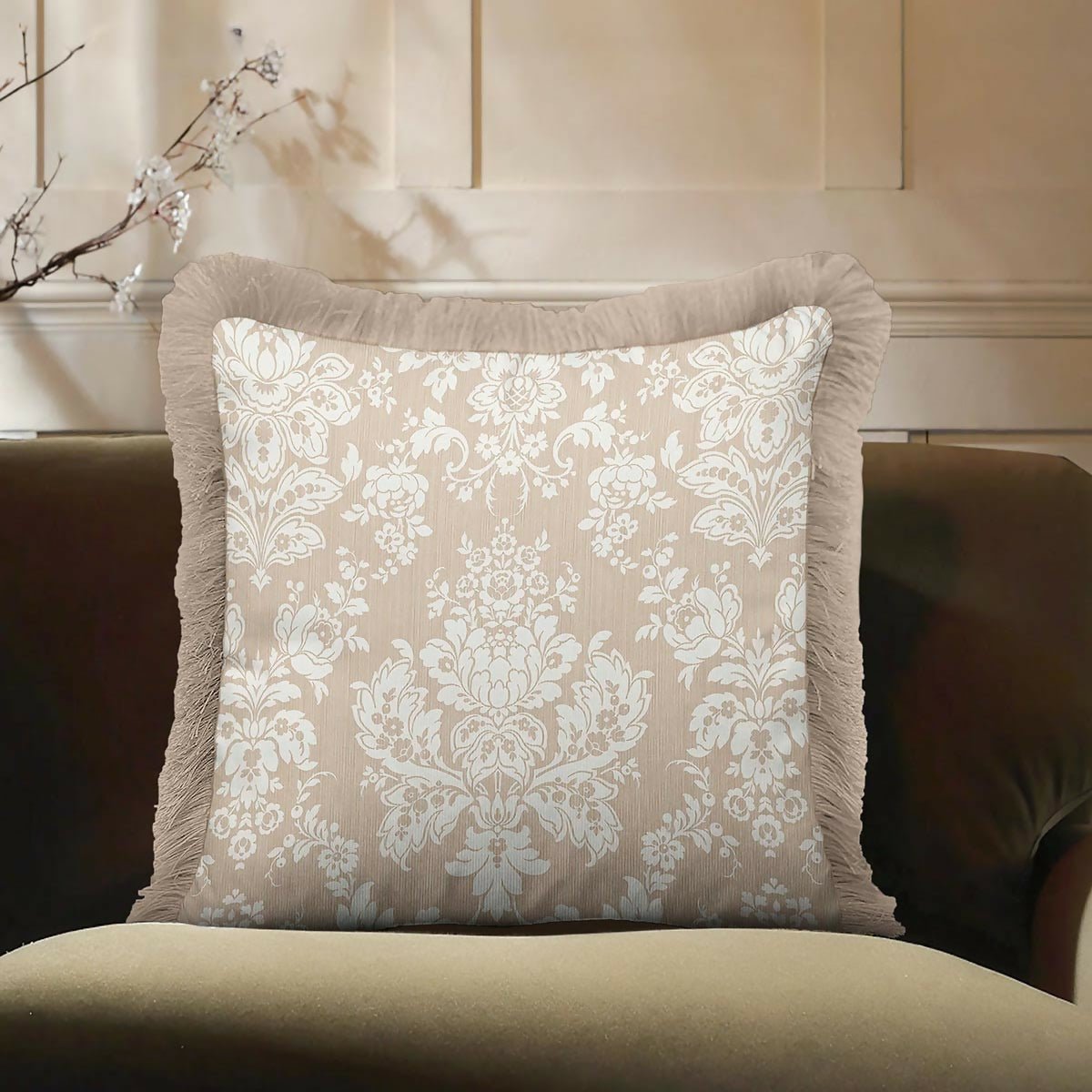 Cream Floral Baroque Fringed Cushion Cover Set of 2| Luxury Beige Ethnic Tasselled Throw Pillow - Wear Sierra