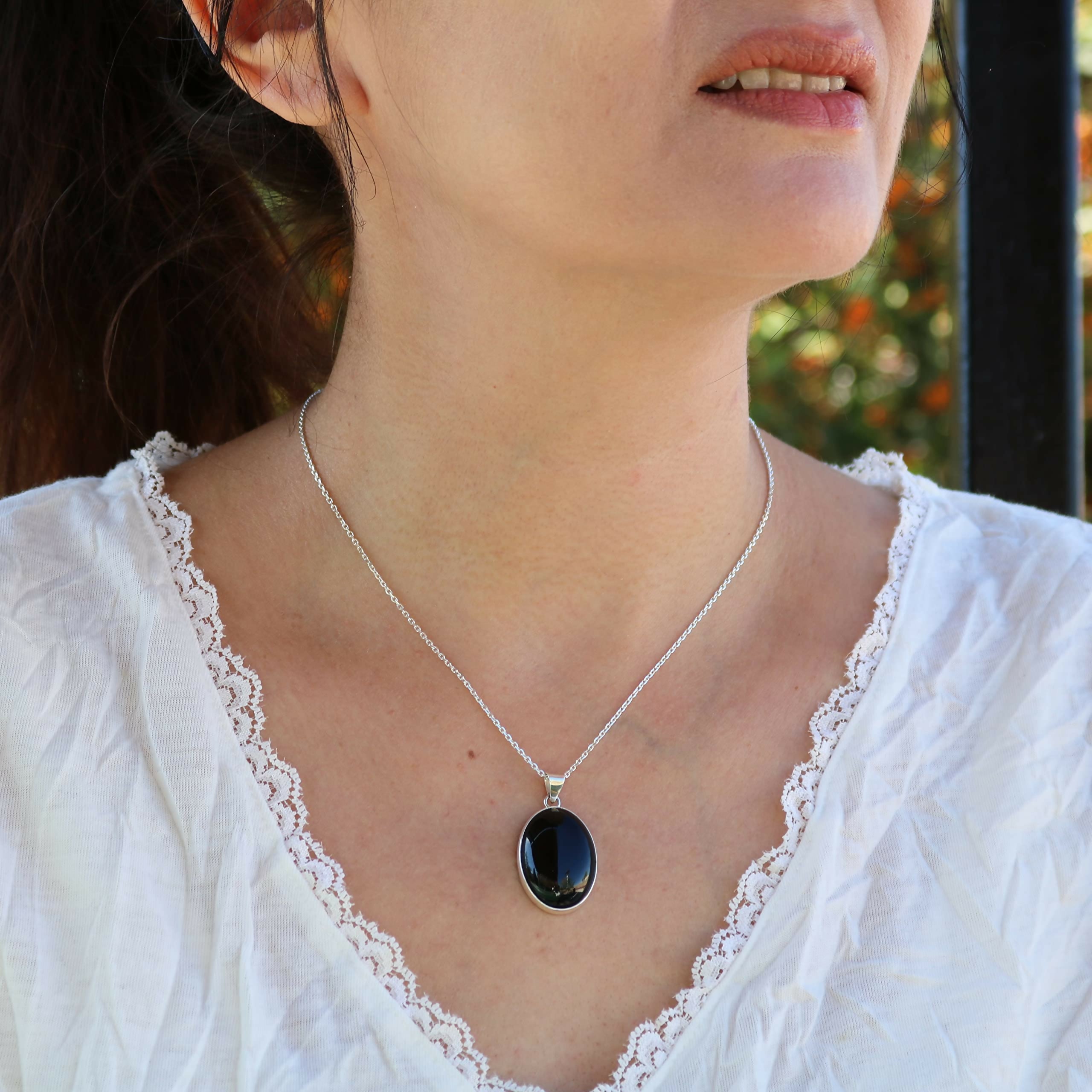 Sterling Silver 925 Oval Black Onyx Handmade Pendant Necklace 18+2'' Chain for Women & Men, 18x25mm