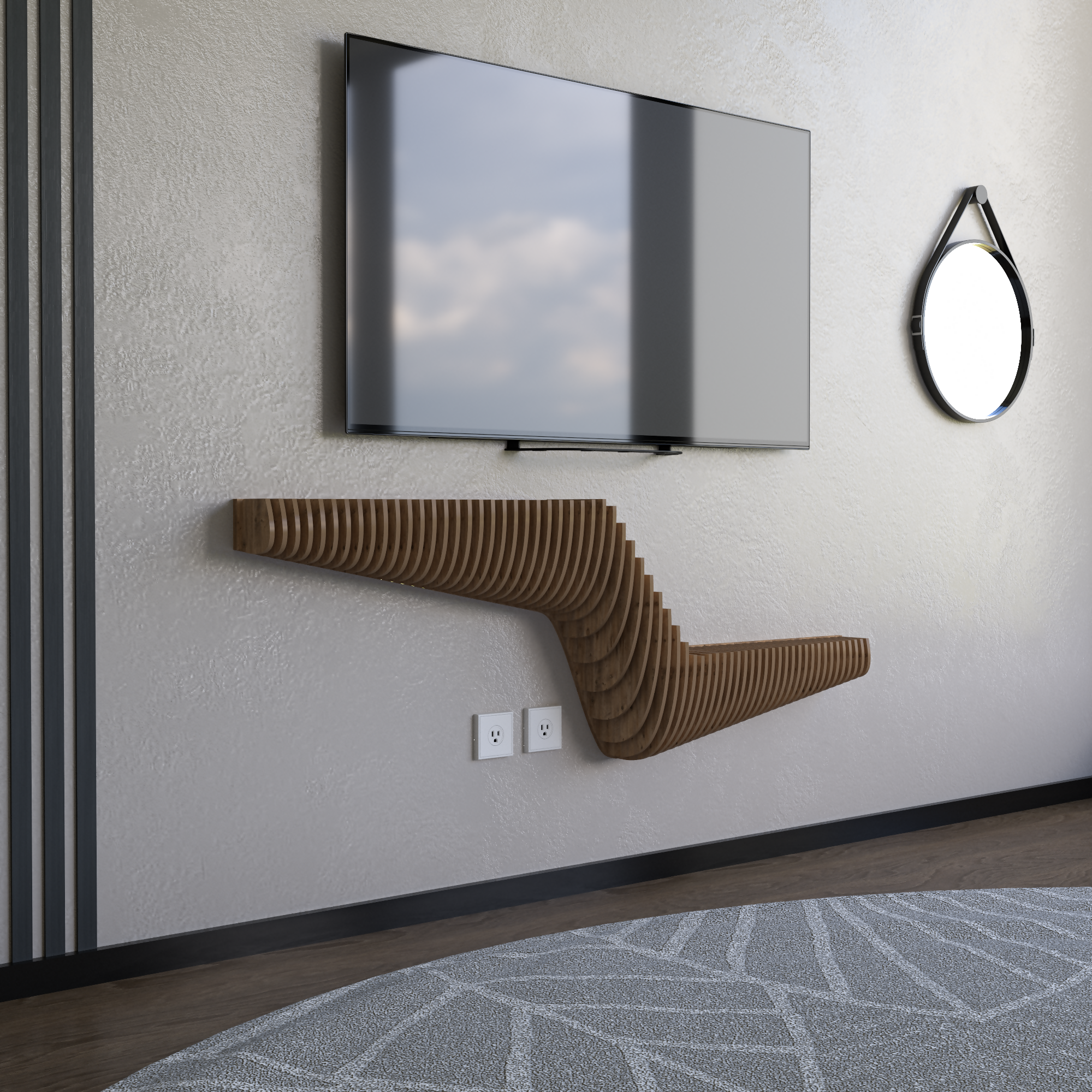 BATAMEX Parametric 57 inch Floating Shelf TV Unit Modern Geometric Wooden Wall Piece Decor Natural Oak Color 3D Wavy Living and Gaming Room Shelf