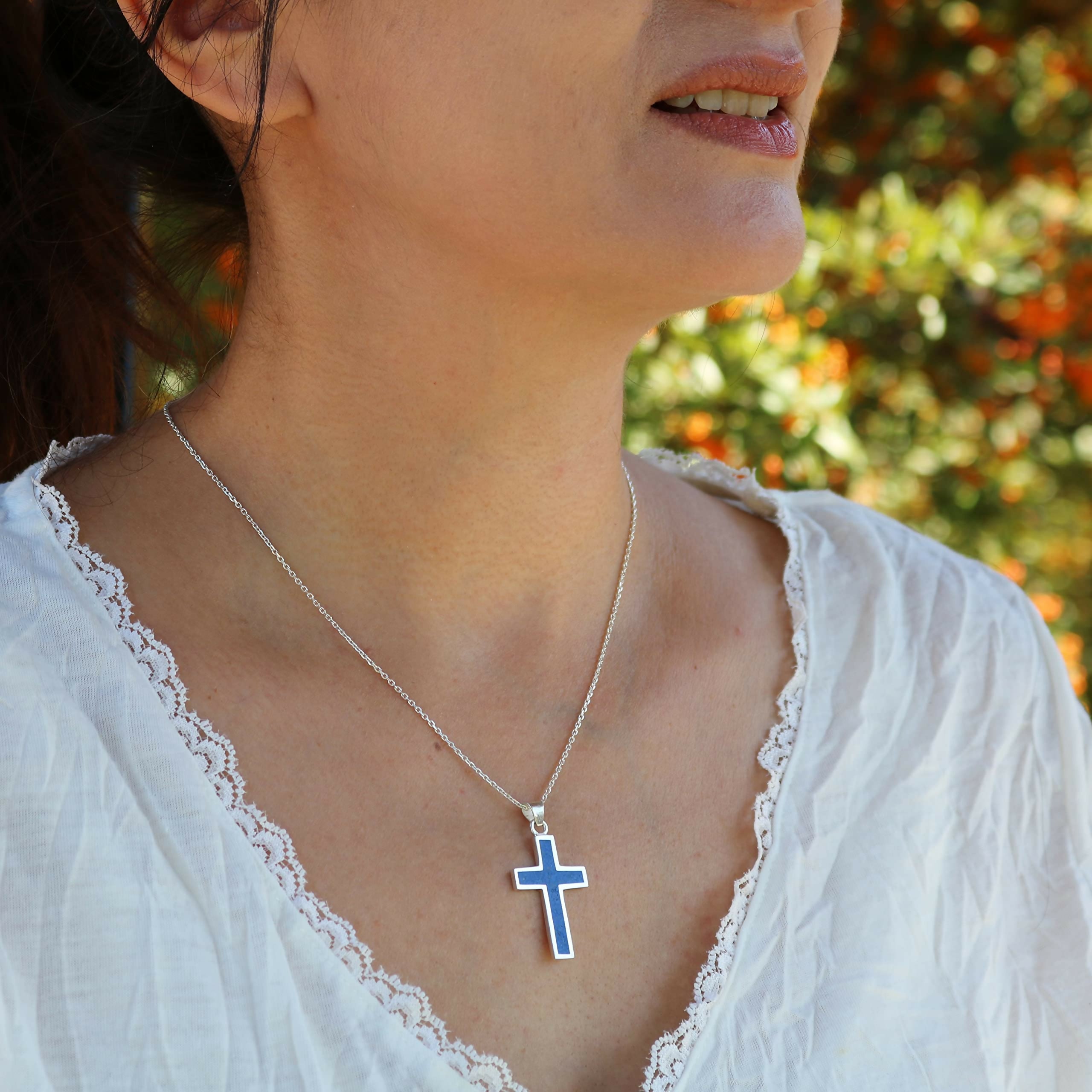 Sterling Silver .925 Navy Blue Lapis Lazuli Cross Small Handmade Pendant Necklace for Women & Men with 18+2'' Extender Chain