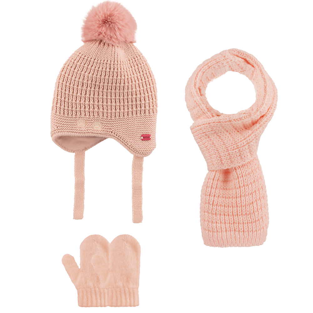 Baby Knitted Paw Detailed Winter Beanie 3 Piece Set-Beanie-Gloves-Scarf With Earflaps For Girls(0-18 months)
