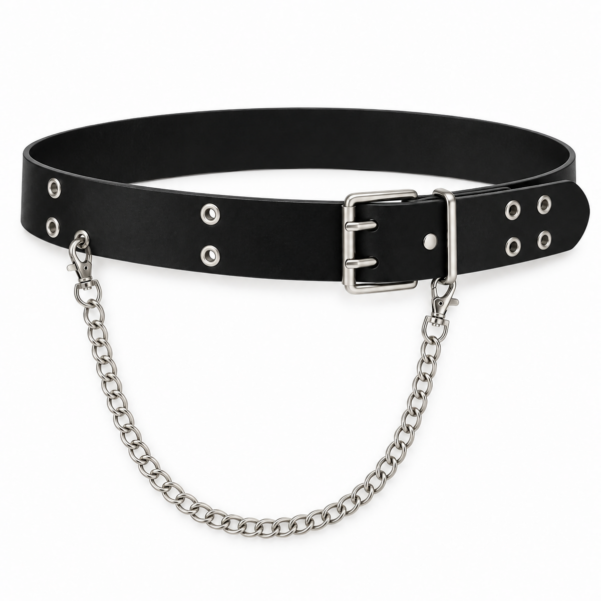 Women’s Belt – Black Double-Row Grommet Belt with Silver-Tone Chain