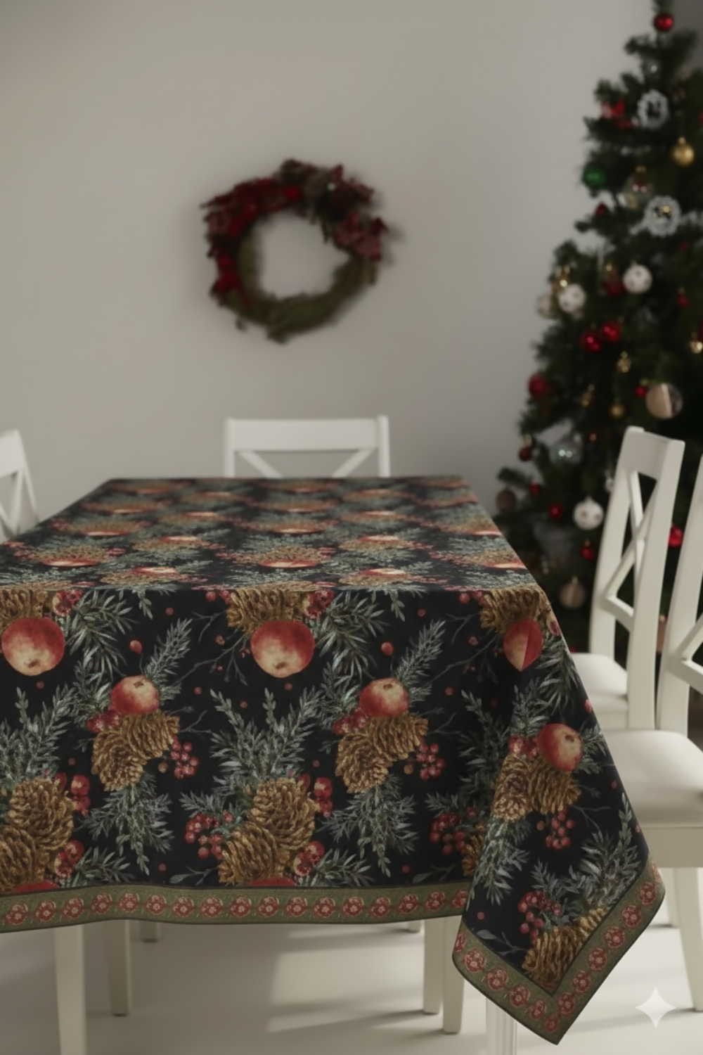 New Year's Sparkle Christmas Tablecloth (160x220 cm) - Festive Pine Cone & Red Berry Pattern on Elegant Black | Durable, Washable Polyester for Holiday Dining & Home Decor