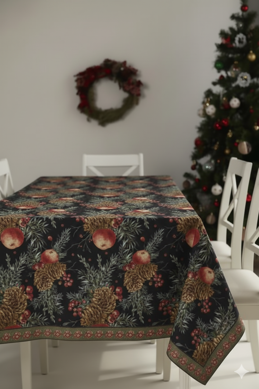New Year's Sparkle Christmas Tablecloth (160x220 cm) - Festive Pine Cone & Red Berry Pattern on Elegant Black | Durable, Washable Polyester for Holiday Dining & Home Decor
