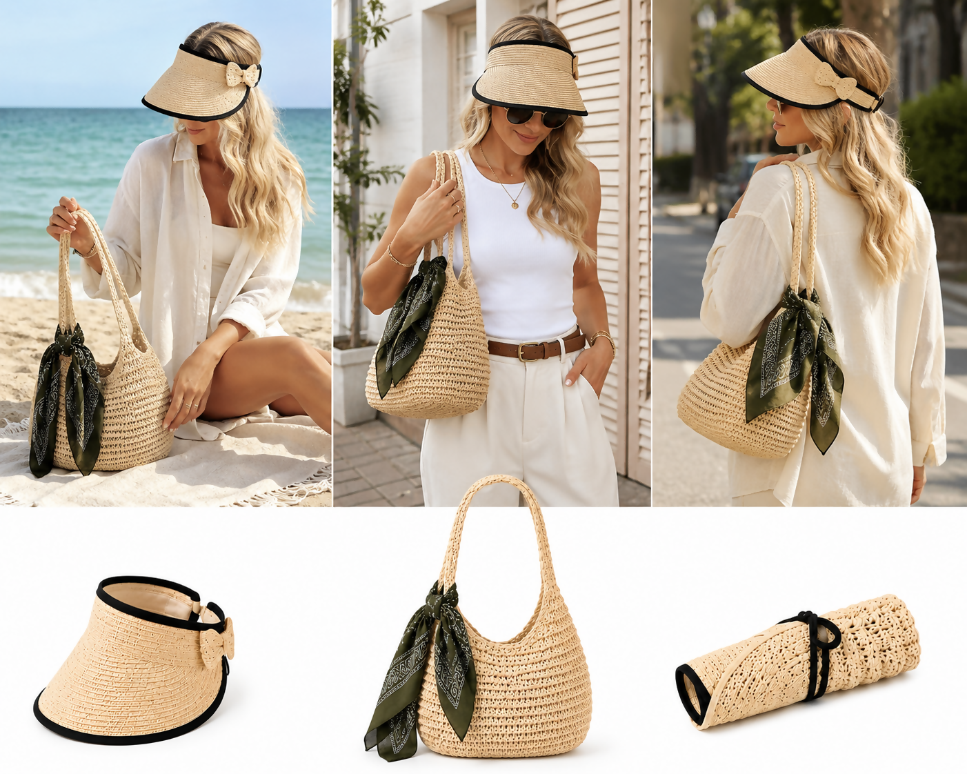 Women's 3-Piece Beach Set – Straw Tote Bag, Sun Visor Hat & Fashion Scarf