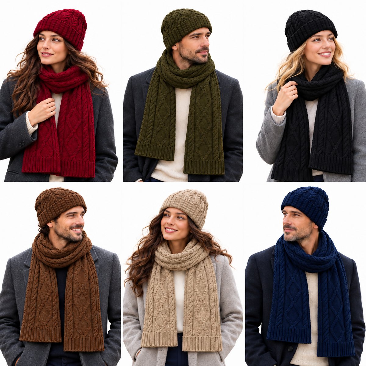 Unisex Cable Knit Beanie and Scarf Set for Men and Women, 2-Piece, Black
