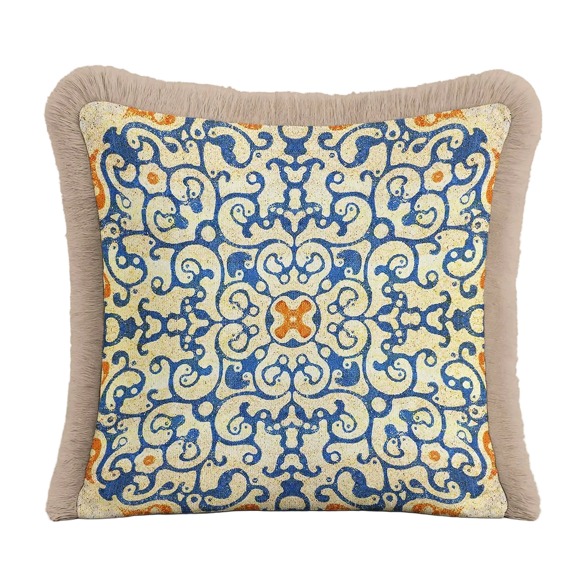 Blue and Gold Fringed Cushion Cover Set of 2– Geometric Ornament Tasselled Throw Pillow Cover