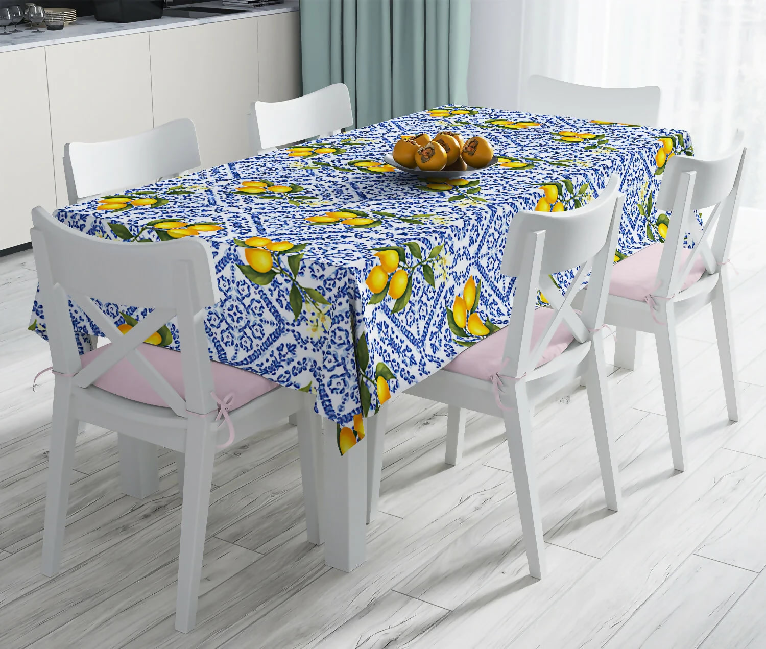Italian Lemos and Blue Floral Patterned Rectangle Tablecloth Ideal for Spring and Summer Decorating Linen Tablecloth Great for Any Occasion
