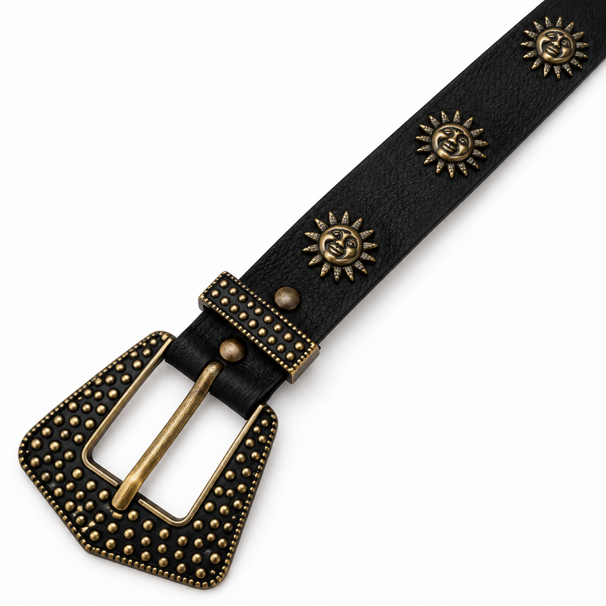 Women’s Boho Sun Medallion Belt, Antique Brass-Tone Buckle, Black