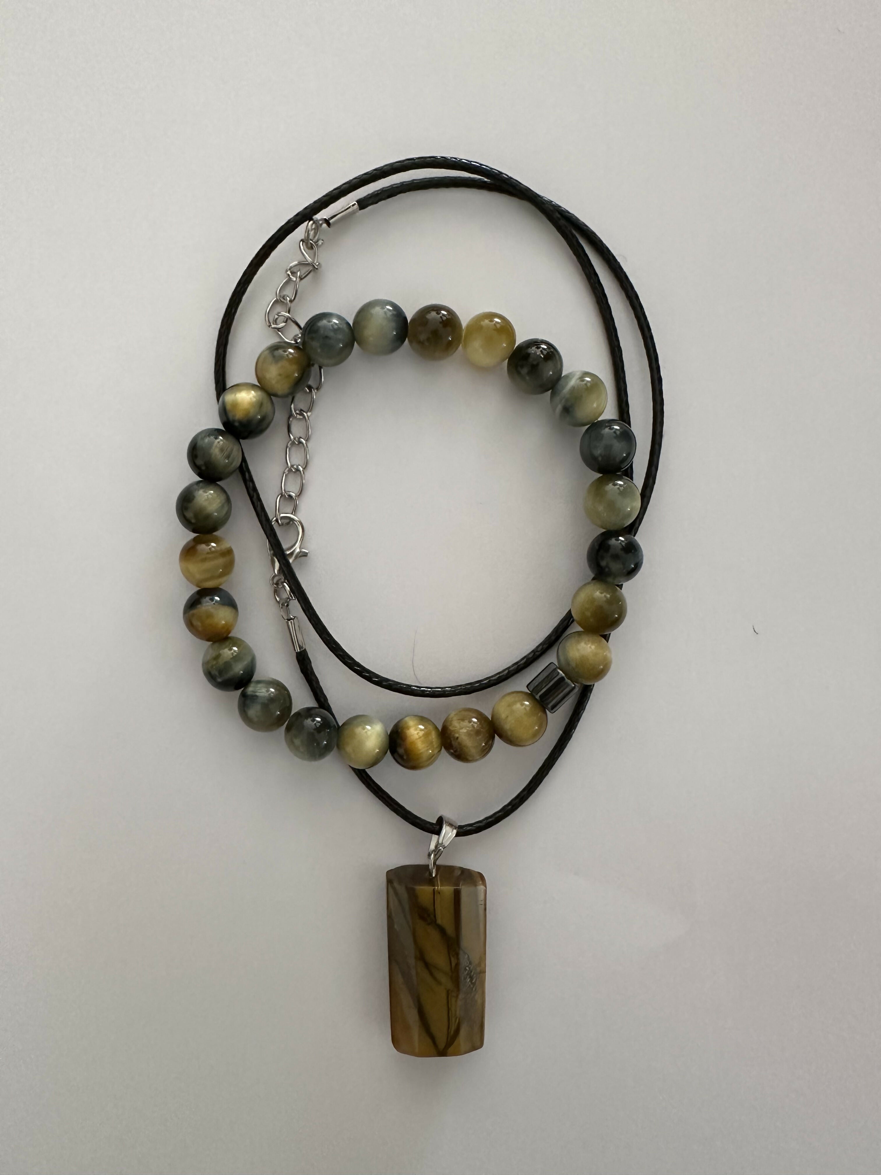 Tiger’s Eye Natural Stone Bracelet with Matching Necklace